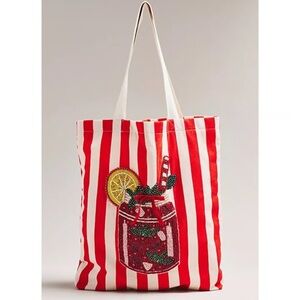 BNWT Anthropologie GRAPHIC BEADED CANVAS TOTE BAG Bloody Mary